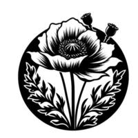Intricate Black and White Poppy Floral Illustration within a Circular Frame, High Contrast, Detailed Petals, Leaves. vector