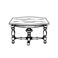 A detailed black and white line drawing of an antique wooden side table, featuring ornately carved legs and a rectangular tabletop. vector