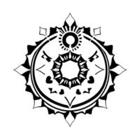 Intricate monochrome mandala with symmetrical patterns including a sunlike element, hearts, and stylized geometric shapes on a white background. vector