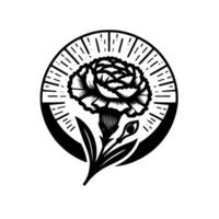 Intricate Black and White Floral Illustration within a Circular Frame with Radial Burst and Minimalist Aesthetic. vector