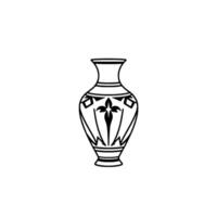 Elegant black and white illustration of a decorative vase, featuring geometric and floral motifs, in a minimalistic style. vector