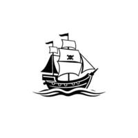 A stylized black and white pirate ship sailing on the waves, a skull and crossbones on its sails. vector