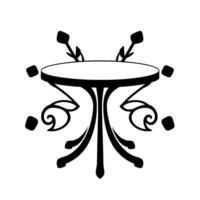 Decorative Black and White Illustration of an Ornate Round Table with Floral Accents and Square Embellishments. vector