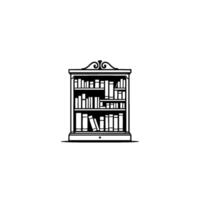 Ornate black and white bookshelf illustration filled with books, a classic with stylized scrollwork. vector