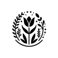 Minimalist Black and White Floral Emblem A stylized tulip and leafy branches arranged in a circular , evoking simplicity and nature. vector