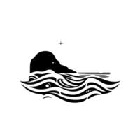 Minimalist Black and White Illustration Stylized Waves, Island, and Guiding Star, Creating a Serene Coastal Scene. vector