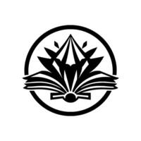 Elegant Black and White A stylized open book overlaid with a stylized gemlike shape within a circular frame, creating a symbolic emblem. vector