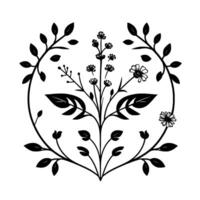 Elegant symmetrical black and white botanical illustration featuring leaves, branches, flowers, and buds arranged in a circular floral pattern. vector