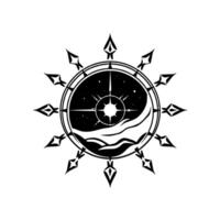 Celestial Navigation A monochrome emblem featuring a compass rose with a starry night sky, mountains, and an inner glow, evoking a sense of wonder and journey. vector