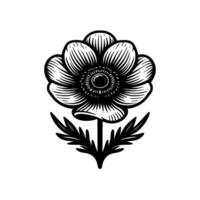 Elegant Black and White Anemone Flower Illustration with Detailed Linework and Botanical Symmetry, Isolated on White. vector