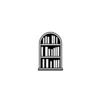 Minimalist Black and White Illustration of a Library Bookshelf Featuring Books, Arched Top, and Clean Lines on a White Background. vector