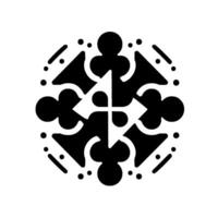 Black and white symmetrical stylized emblem with arrowlike shapes, cloverlike elements, and dotted border against white background. vector