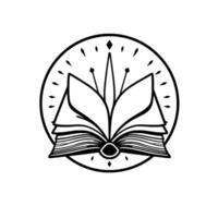 Intricate Black and White Illustration of an Open Book Radiating Knowledge Within a Circular , Suggesting Enlightenment. vector