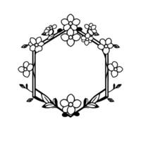 Elegant Black White Hexagonal Floral Frame Ornament with Flower Sprigs and Leafy Vines on a White Background vector
