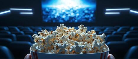 Bowl of Popcorn in a Movie Theater with Empty Seats and Screen Light photo