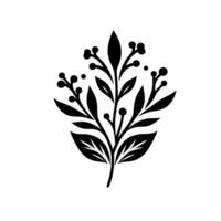 Minimalist Black White Botanical Illustration Central Composition with Leaves, Berries, and Sharp Elements on a White Canvas. vector