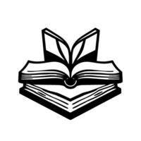 A stack of open books, rendered in bold black and white linework, conveying a sense of knowledge, education, and the act of reading. vector