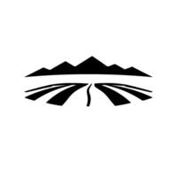 Minimalist black and white featuring stylized mountain range, cultivated fields, and a meandering path suggesting rural landscape and scenic route. vector