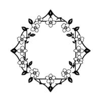 A symmetrical black and white floral border , featuring stylized flowers and leaves, forming a decorative frame with an open center. vector