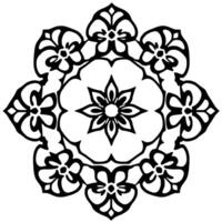 Intricate Black and White Floral Mandala Featuring a Central Starburst and Surrounding Petal Motifs for Aesthetic and Decorative Purposes. vector