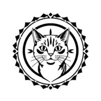 Ornate Black and White Cat Illustration Centered in a Circular Frame with Tribal and Geometric Decorative Elements. vector