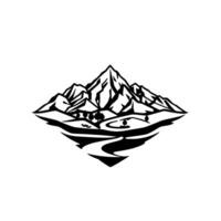 Geometric Black and White Landscape Mountain peaks, meandering river, and stylized trees creating a symmetrical, minimalist . vector