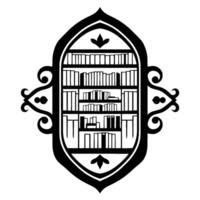 Intricate Black and White of a Bookshelf Within an Ornate, ShieldLike Frame vector