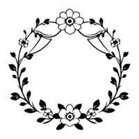 Elegant black and white floral wreath illustration featuring stylized blossoms, leaves, and delicate branches arranged in a circular composition for elements. vector