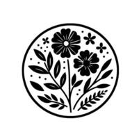 Intricate Black Floral Emblem Two Bold Flowers, Leaves, and Accents Contained Within a Circular Frame on White Background. vector