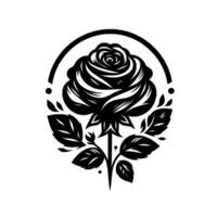 Elegant Black and White Floral Emblem A Detailed Rose with Leaves, Set Within a Circular Frame, Isolated on White. vector