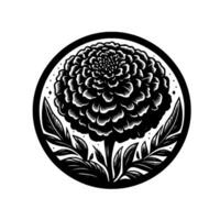Intricate Black and White Floral Illustration of a Zinnia Bloom Within a Circular Frame, Showcasing Detailed Petal Textures and Leaf Elements. vector