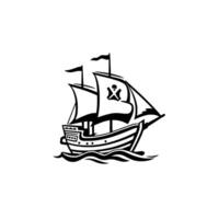 illustration of a classic pirate ship with a skull and crossbones flag, sails billowing, sailing on stylized waves. vector