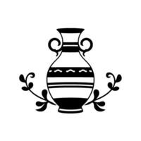 Stylized black and white amphora with decorative floral elements, a emblem for classic or vintage aesthetics. vector