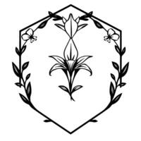 Intricate black and white botanical featuring a central lily, framed by a hexagon adorned with leaves and delicate butterfly accents. vector