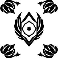 Geometric Black Emblem with Star, Surrounded by Winged Shapes and Decorative Floral Elements on White Background. vector