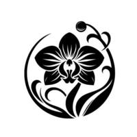 Elegant Black and White Orchid , Symbolic Floral Art Enclosed in a Circle, Serene and Sophisticated Illustration. vector