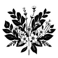 Artistic black and white floral arrangement, featuring various flower types and dense, dark leaves against a bright white background. vector