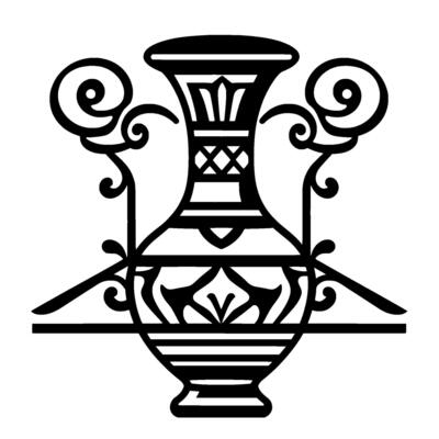 Ornate Black and White Vase Featuring Scrollwork and Geometric Patterns on White Background, Decorative Silhouette.