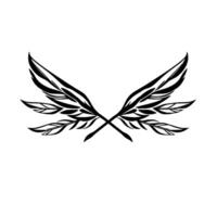 A stylized black and white illustration of crossed arrows with integrated featherlike wings against a stark white backdrop, symbolizing flight. vector