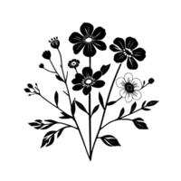 Elegant monochromatic floral arrangement in contrasting black and white, featuring various flower types, leaves, and buds, centered on a clean white background. vector