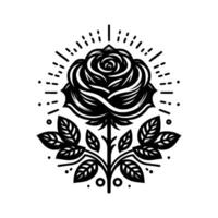 Black and white tattoostyle illustration of a rose with decorative light rays, leaves and symmetry on white background. vector