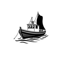 Black and white minimalist illustration of a fishing boat on stylized waves, featuring a sail and cabin, set against a clean white backdrop. vector