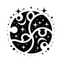 Celestial Harmony A symmetrical black and white abstract featuring swirling patterns, stylized stars, and dot constellations within a circular composition. vector