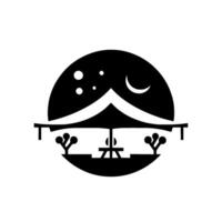 Minimalist black and white featuring a nighttime picnic scene under a tent, moon, stars, and abstracted trees. vector