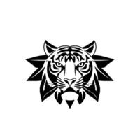 Bold Black and White TribalStyle Tiger Head, Symmetric with Sharp Angular Features, Isolated on White Background. vector