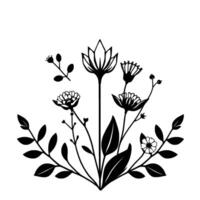 Black and white botanical illustration featuring an arrangement of stylized flowers, leaves, and berries, rendered in a minimalist, . vector