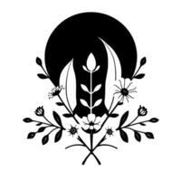 Black and White Floral Crest Elegant, symmetrical botanical with stylized flowers, leaves, and a dark moon background, evoking natures beauty. vector
