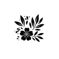 Elegant black floral with a stylized fivepetal flower, leaves, and droplets on a stark white background, minimalist aesthetic. vector