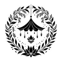 Intricate black white circular illustration a stylized temple tent, lotus floral frame. vector