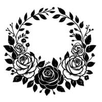 Black and white botanical wreath illustration with detailed roses, leaves, and floral elements, creating a decorative frame with a vintage feel. vector